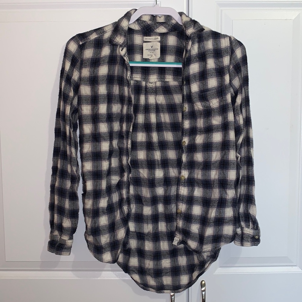 AE Boyfriend Fit Blue and White Plaid Flannel XS